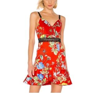 ALICE + OLIVIA Kirby - Red Floral Mini Dress Black Lace Straps Size 4